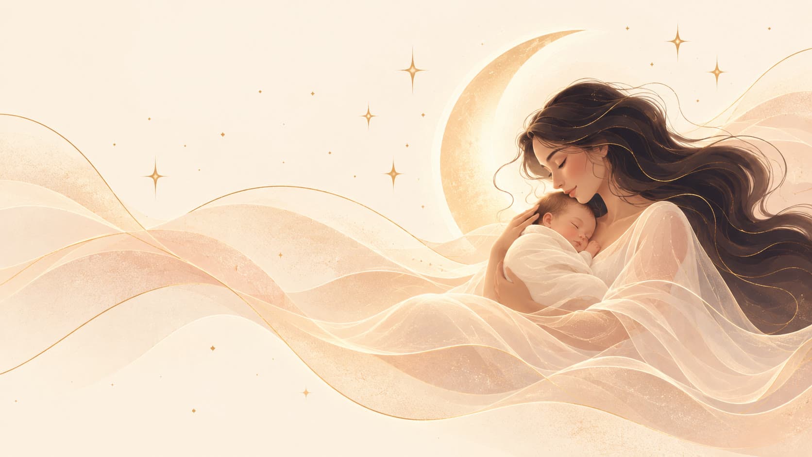 Illustration of a mother holding her sleeping newborn beneath a crescent moon