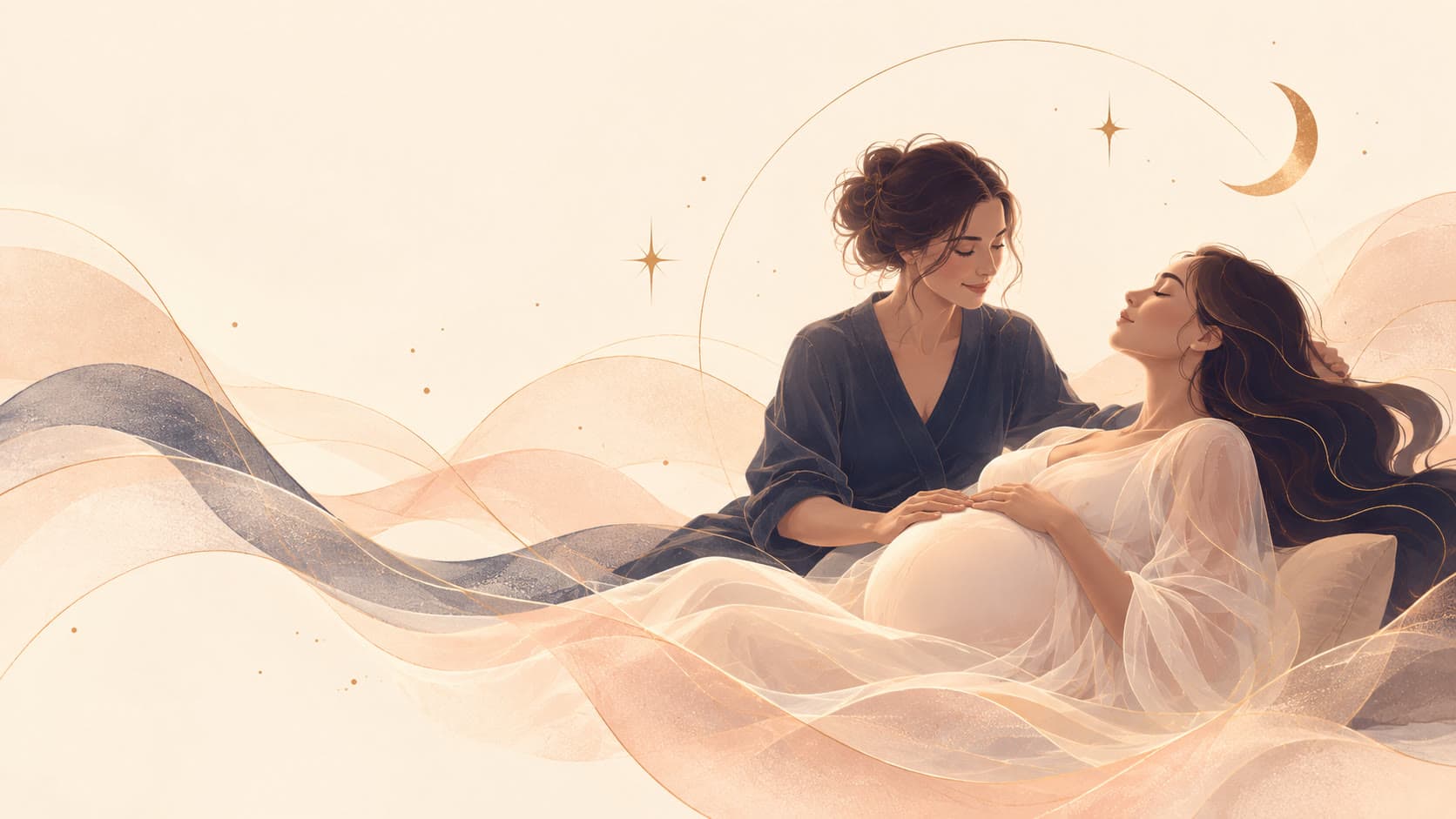 Illustration of a birth partner resting a hand on a pregnant woman's bump beneath a crescent moon